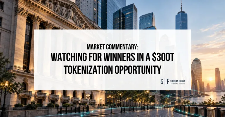 Financial district illustration with blockchain network lines and the headline “Watching for Winners in a $300T Tokenization Opportunity.”